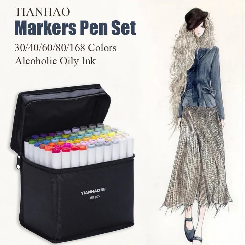 Billig TIANHAO Marker Pen Set 30 40 60 80 168 Farben Dual Kopf Alkoholische Fettige Basierend Pinsel stift Für Manga Skizzieren Marker Kunst Liefert