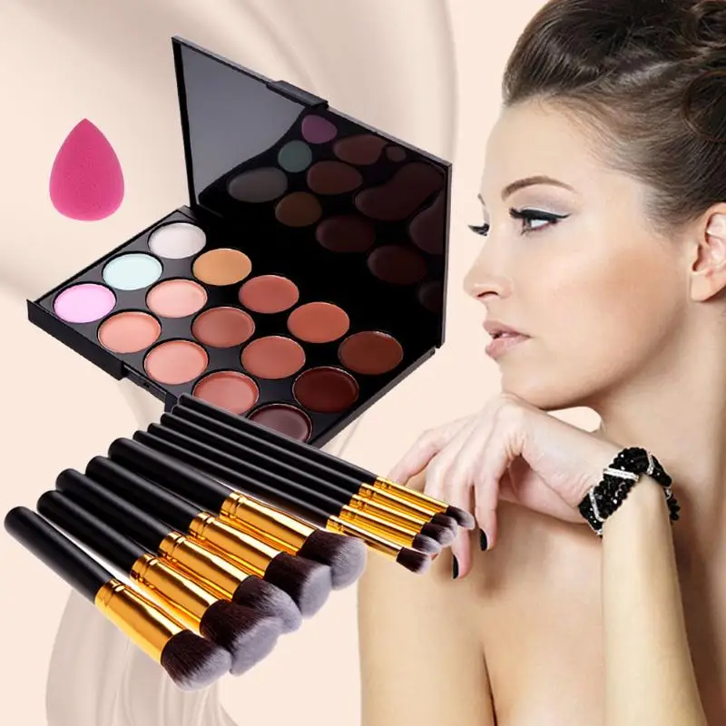 

10 PCS Makeup Brush + 15 Colors Concealer + Sponge Puff Professional Make-up Sets Cosmetics For Newer Make-up Accessories