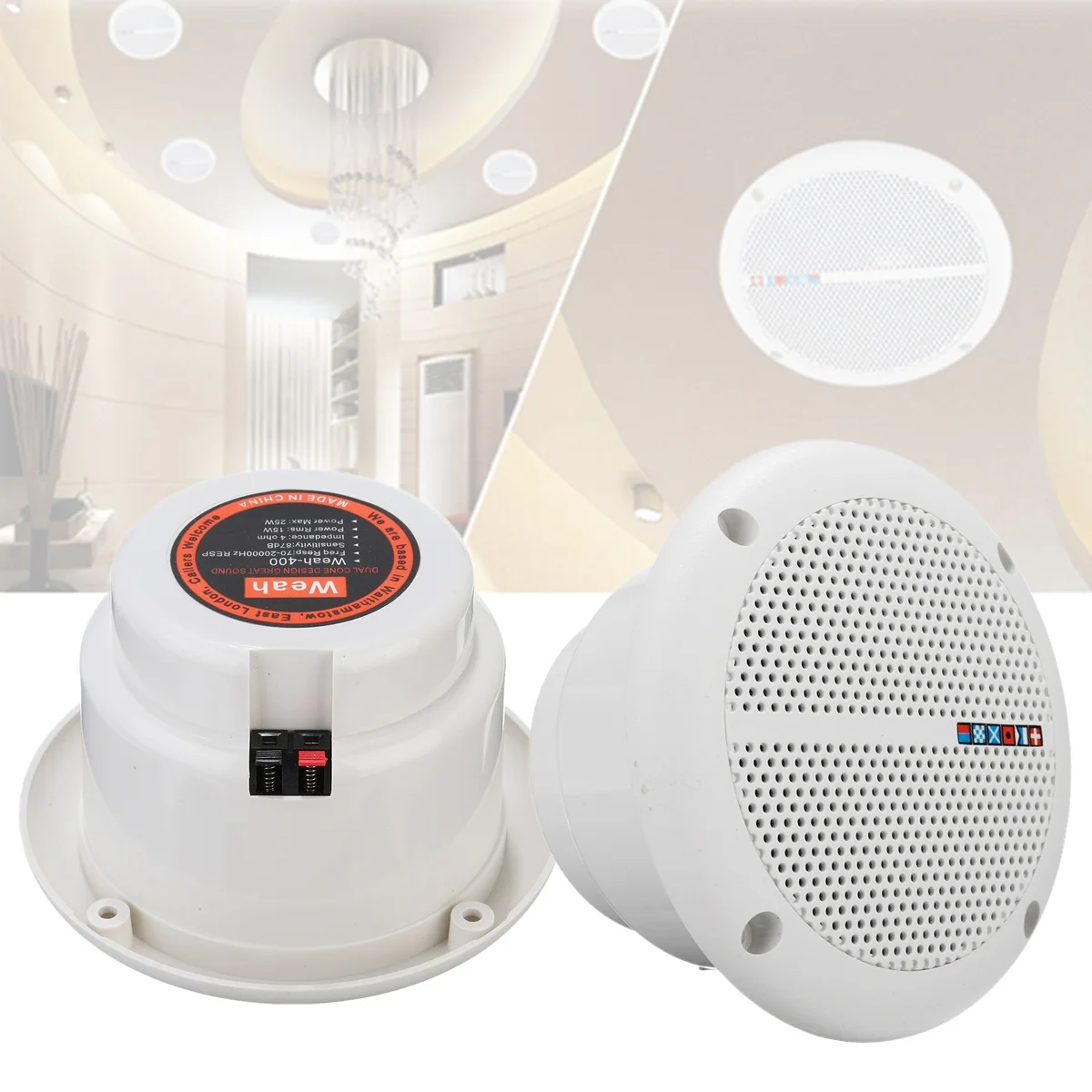 1Pair 25W Full Range Ceiling Wall Speakers Waterproof Loundspeaker Home Theater Bathroom Marine Boat Water Resistant Speaker