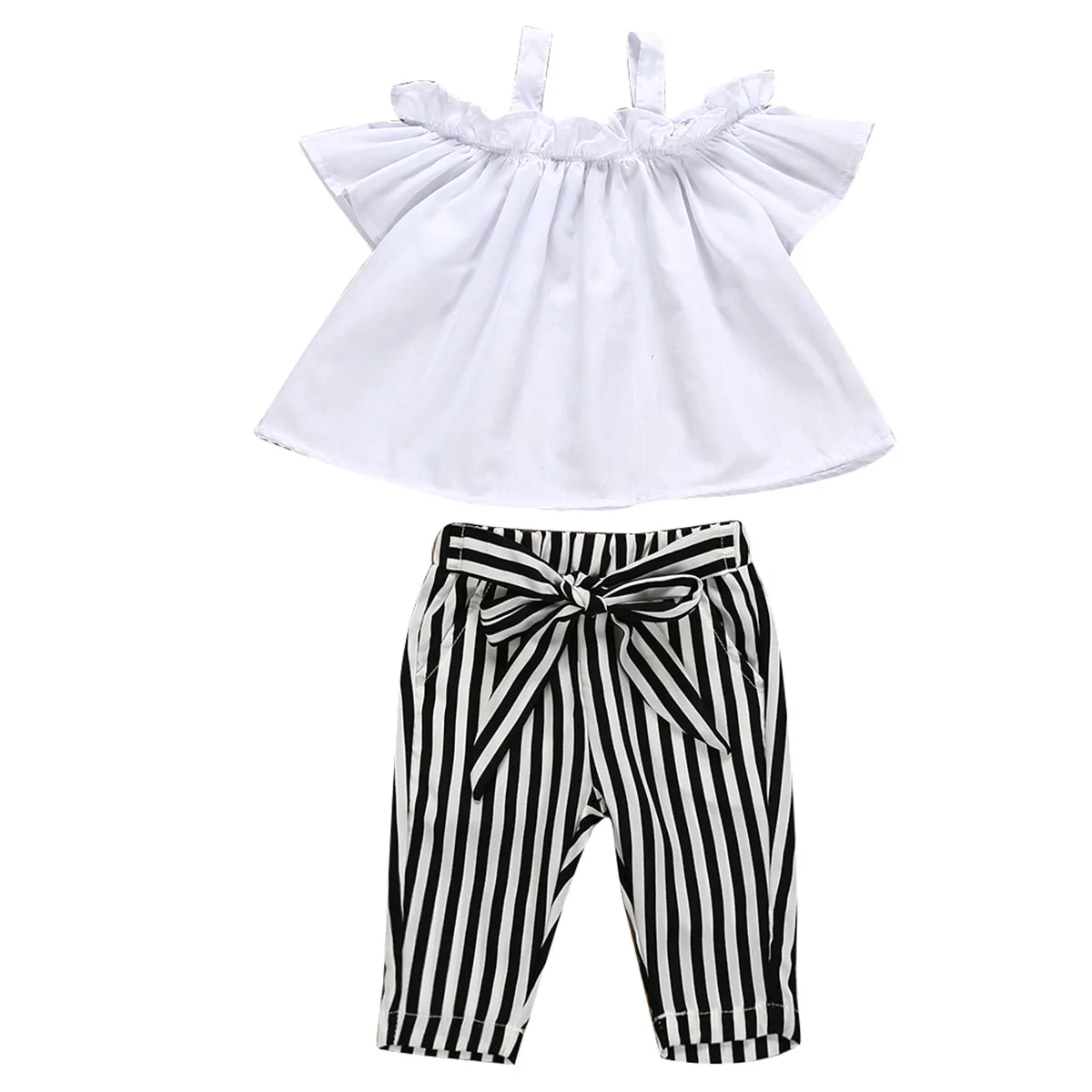 

Puseky 1-6T 2pc Kids Baby Girl's Clothes Set Blouse Short Sleeve Tops + Bowknot Striped Pants Outfits Summer Clothes Set