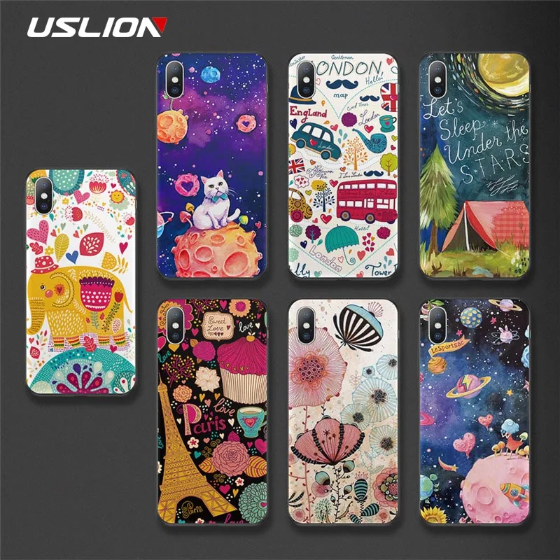 

USLION Phone Case For iPhone X XS XR Xs Max Animal Space Planet Pattern Case For iPhone 6 6s 7 8 Plus Soft TPU Flower Back Cover