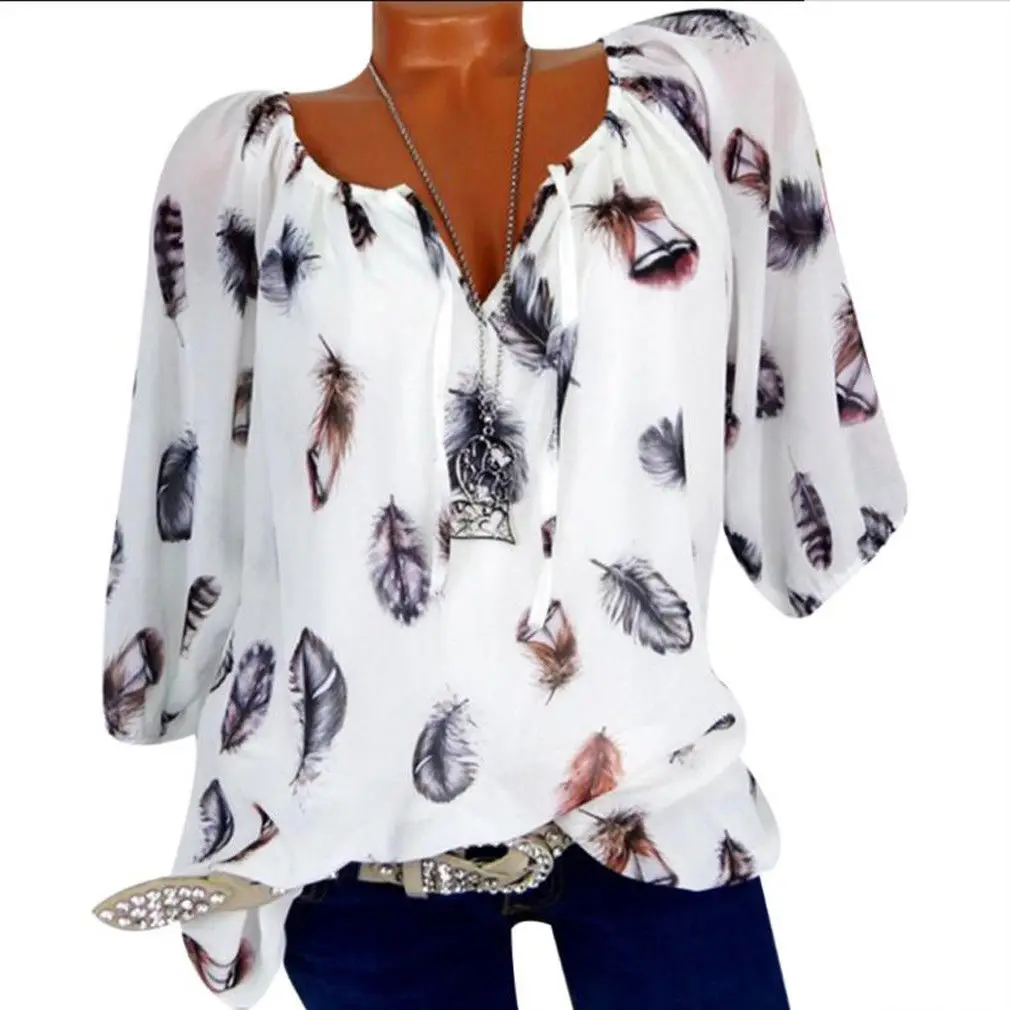 4XL Plus Size Women Tunic Shirt 2020 Summer 3/4 Sleeve Floral Print V-neck Blouses And Tops With Button Big Clothing |