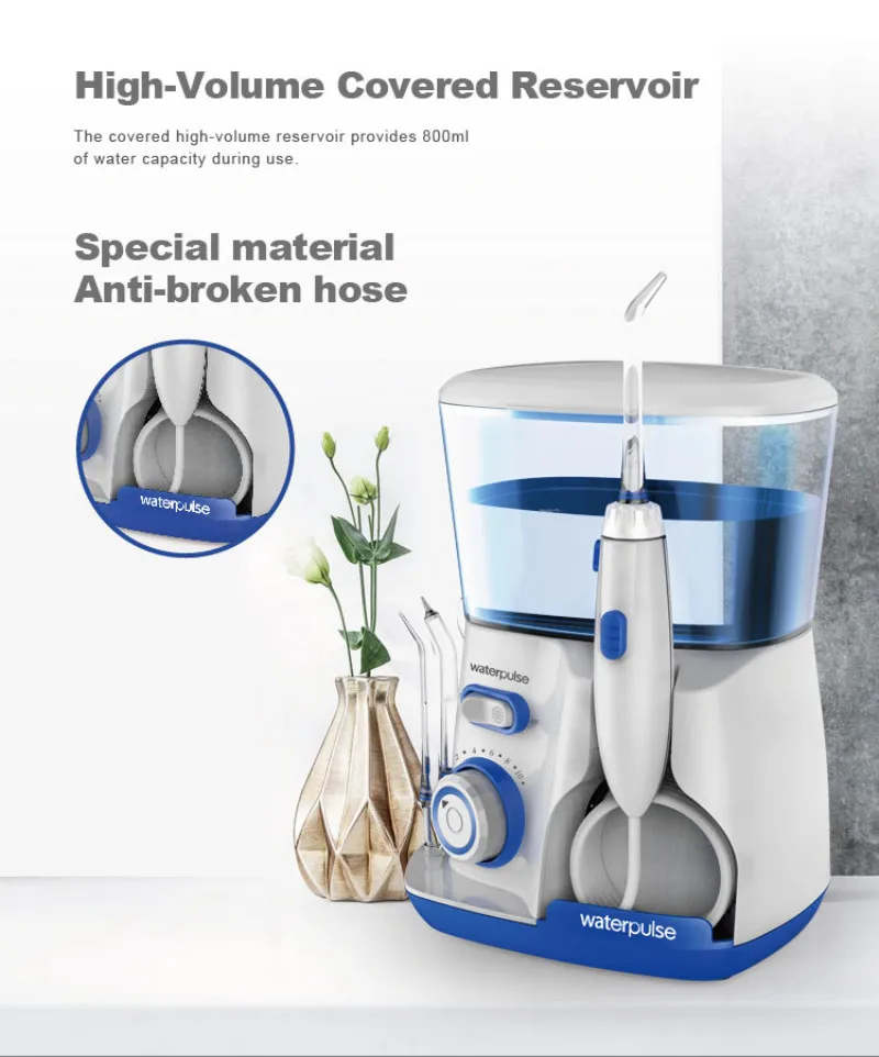

Waterpulse V300G Portable LED Touch Key Water Oral Orrigator Flosser with 5 Tips Compact Dental White Black