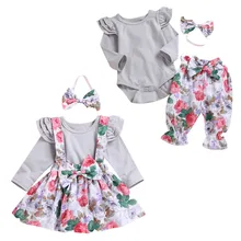 Красивый комбинезон с длинными рукавами и оборками для маленьких девочек топ+ штаны с цветочным принтом и бантом платье на подтяжках