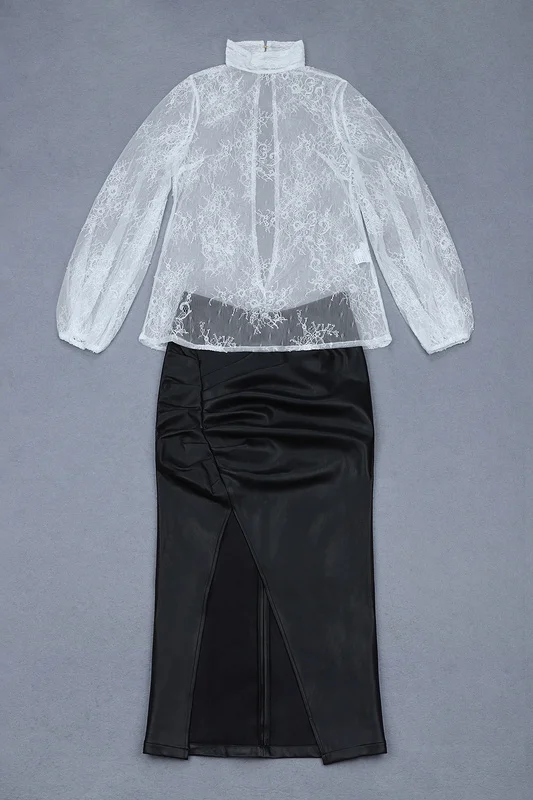 Jupe Dentelle Longues Cuir Élégant Blanc Haute De Soirée Pièces Tops Femmes Manches En Ouvert Robe Fourche 2 Qualité À 7x8XzZq