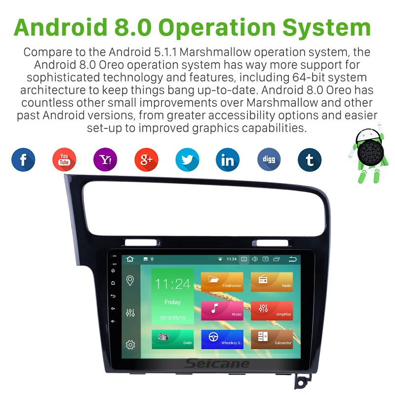 Clearance Seicane 1Din 10.1" Android 8.0/8.1 GPS Multimedia Player For 2013 2014 2015 VW Volkswagen GOLF 7 4G Wifi Car Radio Head Unit 1