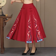 Женская элегантная плиссированная юбка до середины икры с эластичной резинкой на талии из хлопка и льна Женская винтажная повседневная юбка с цветочной вышивкой Saias