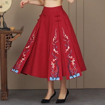 

Women's Elegant Elastic Waist Cotton Linen Pleated Mid-Calf Skirts Ladies Vintage Casual Floral Embroidery Skirt Saias
