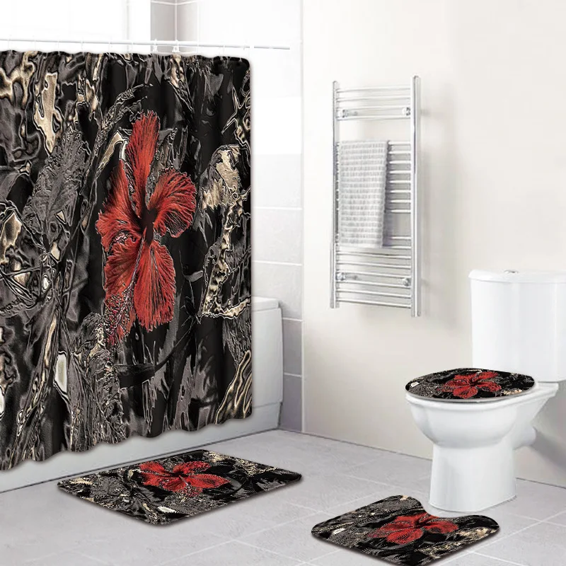 

Floral Shower Curtains Bathroom Curtain 4pcs Toilet Rugs Set 3D Bath Mats Printing Carpet Set for Home Decor Bathmate Blanket
