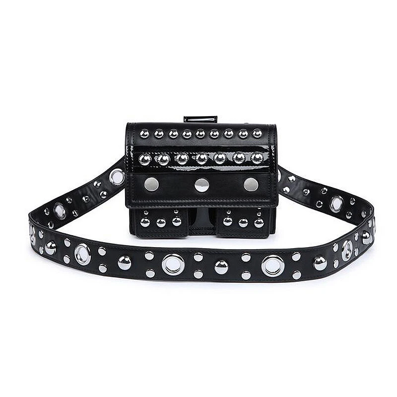 

Rivet Multifunction Black Belt Bags Women's Purse PU Leather Shoulder Bags Fashion Waist Bags