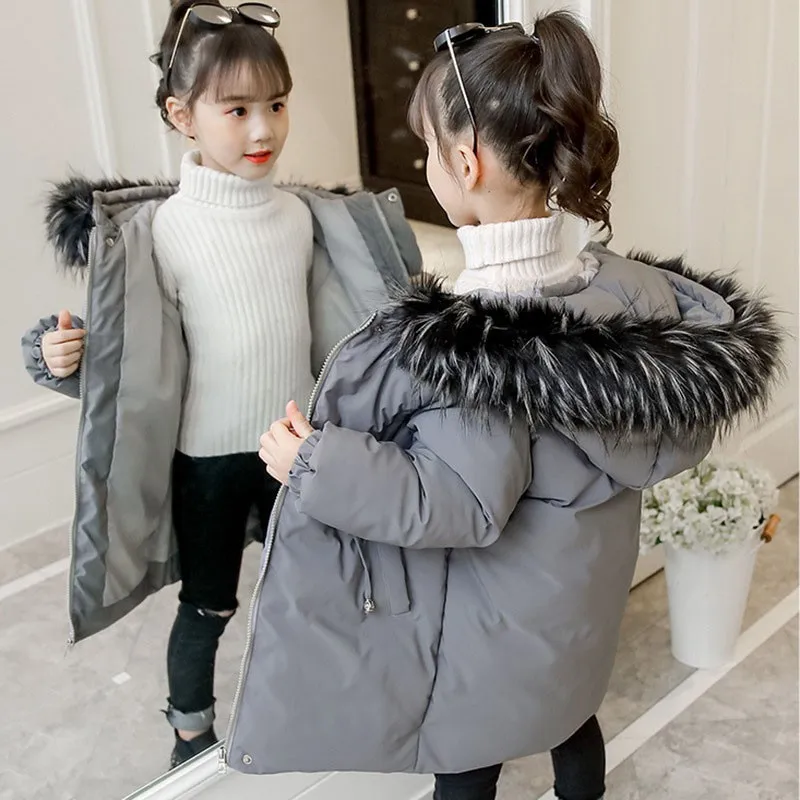 

Warm Parka Baby Jackets Coats For Kids Fur Hooded Teenage Girls Outerwear Coat Autumn Winter Grey Pink Black Children Clothing