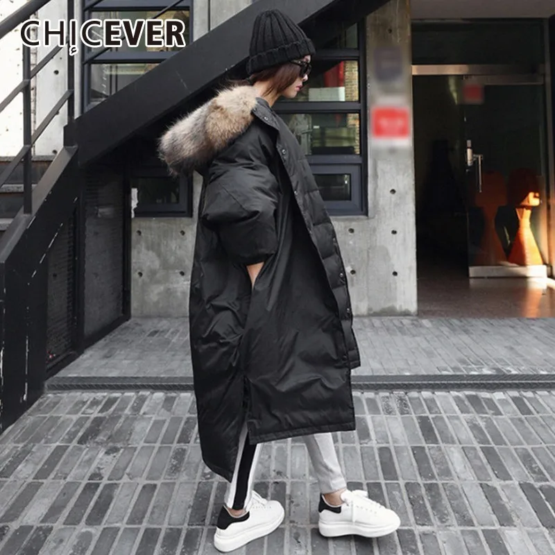 

CHICEVER Winter Down Jacket Coat Hooded Batwing Sleeve Asymmetric Hem Split Black Thick Jackets Female Fashion Sweet Clothes New