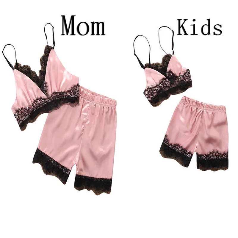 

Mother Daughter Family Matching outfits Satin Silk Lace Sleepwear Babydoll Lingerie Nightwear Shorts Pajamas Set