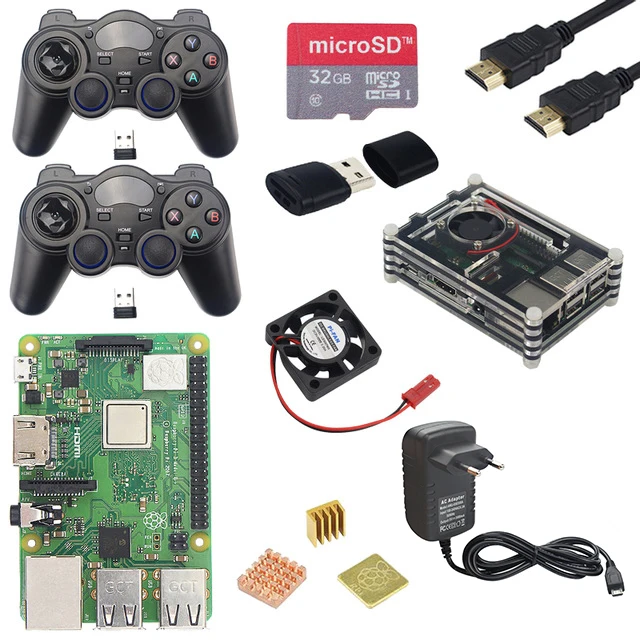 

Acrylic Case Model +Fan+32G Sd Card+3A Power Adapter+2 Gamepads+Hdmi Cable+Heat Sink Kits For Retropie Raspberry Pi 3 B Plus+(E
