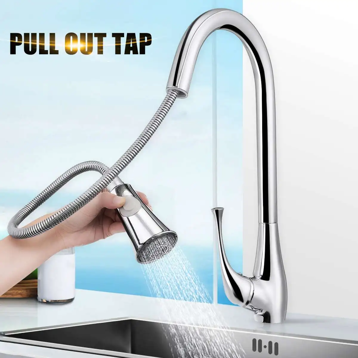 

Xueqin 360Rotation Pull Out Kitchen Sink Faucets Deck Mounted Chrome Single Handle Single Hole Mixer Hot And Cold Water Tap