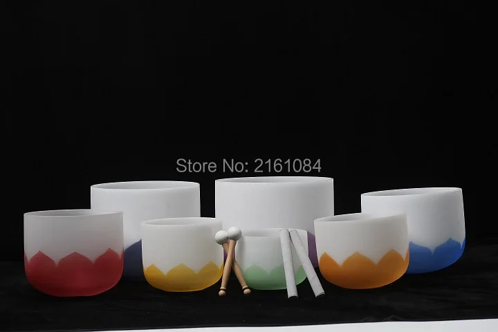 

Color lotus with ckakra logo Tuned Set of 7pcs 6" -12" Frosted Quartz Crystal Singing Bowl