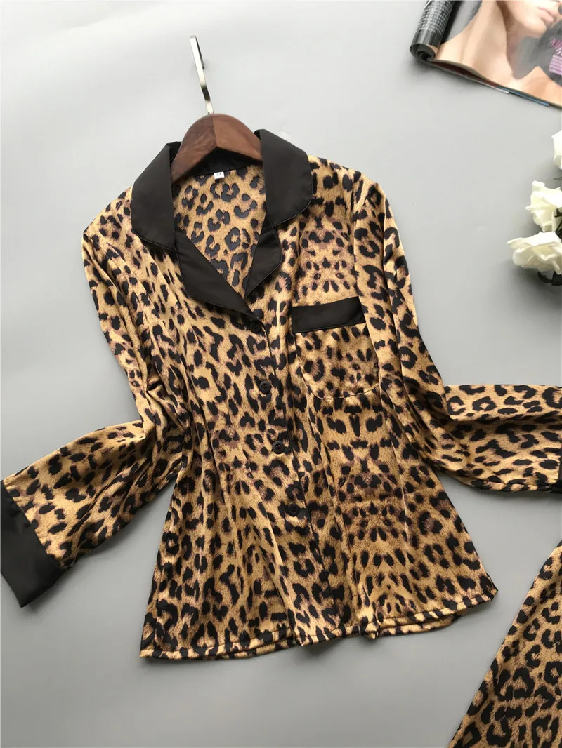 Women Pajamas Set Ice Silk Leopard Print for Women