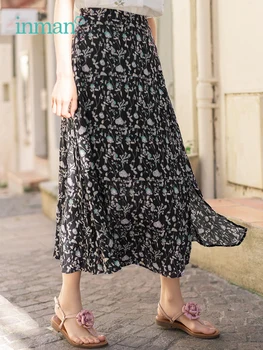 

INMAN 2019 Summer New Arrival High Waist Literary Floral Slits Slim A-line Women Long Skirt