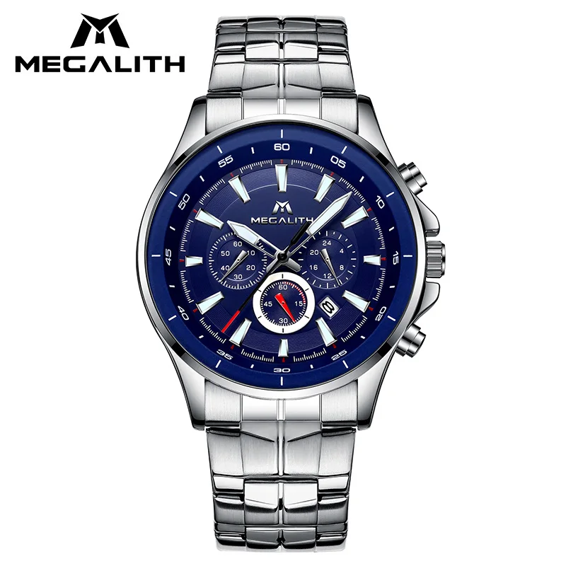 

MEGALITH Fashion Watches For Mens Waterproof Chronograph Calendar Business Sports Watches Gents Sliver Stainless Steel Watch