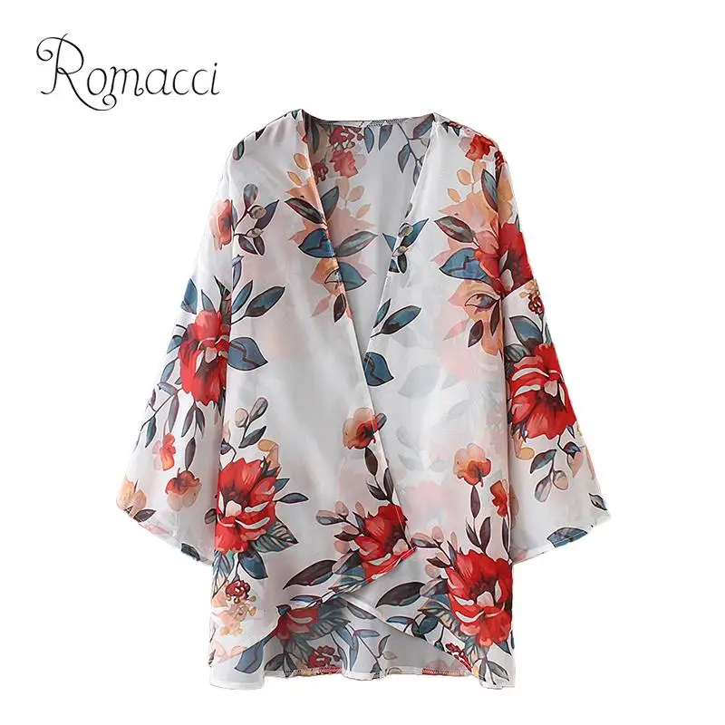 Romacci 2019 New Summer Kimono Cardigan Casual Long Chiffon Shirt Hot Women Blouses and Tops Floral Print Camiseta Mujer |