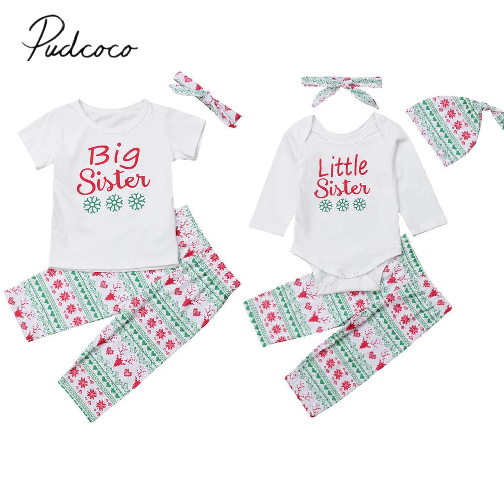 

2018 Brand New Little/Big Sister Baby Girl Romper T-shirt Pants Family Matching XMAS Sets Letter Cotton Casual 2Pcs Clothes Sets
