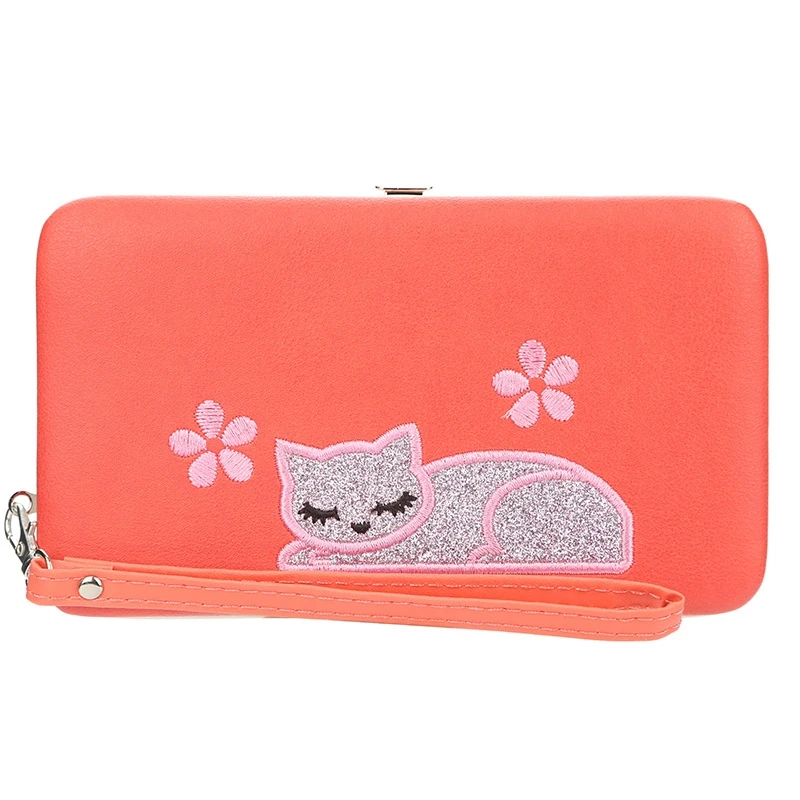 

Ladies Lunch Box Wallet Phone Bag Long Section 3 Fold Clutch Bag Fashion Multi-Function Cat Embroidered Coin Purse