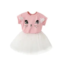 Girls Summer New Baby Girls Clothing Sets Fashion Style Cute Cat  T-Shirts+ Butterfly Mesh Ball Gown Skirt  2Pcs Girls Clothes