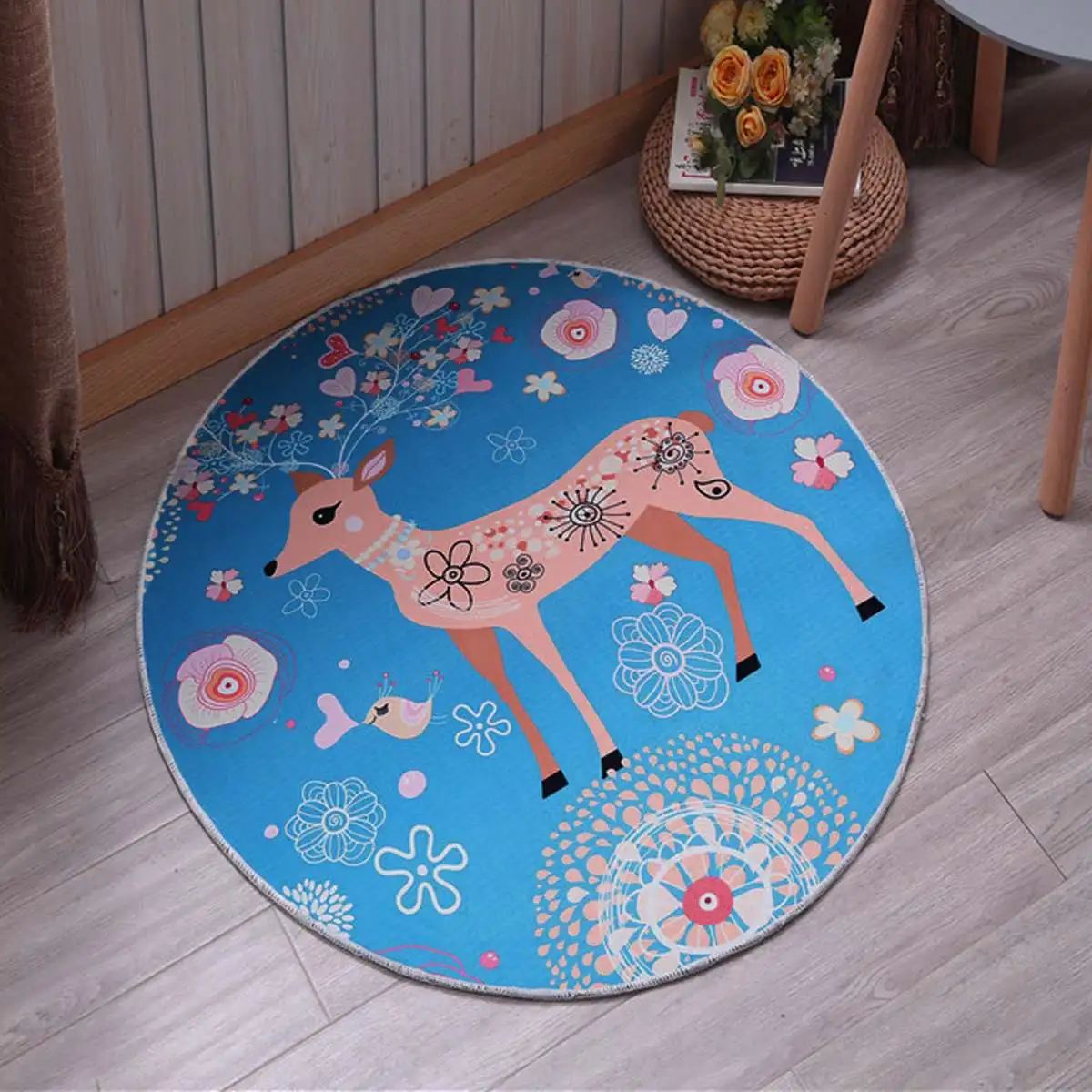 Cute Deer Heart Floral Pattern Round Floor Mats Computer Chair Mat Antiskid Carpet For Living Room Bedroom Kids Room Cute Deer Heart Floral Pattern Round Floor Mats Computer Chair Mat Antiskid Carpet For Living Room Bedroom Kids Room