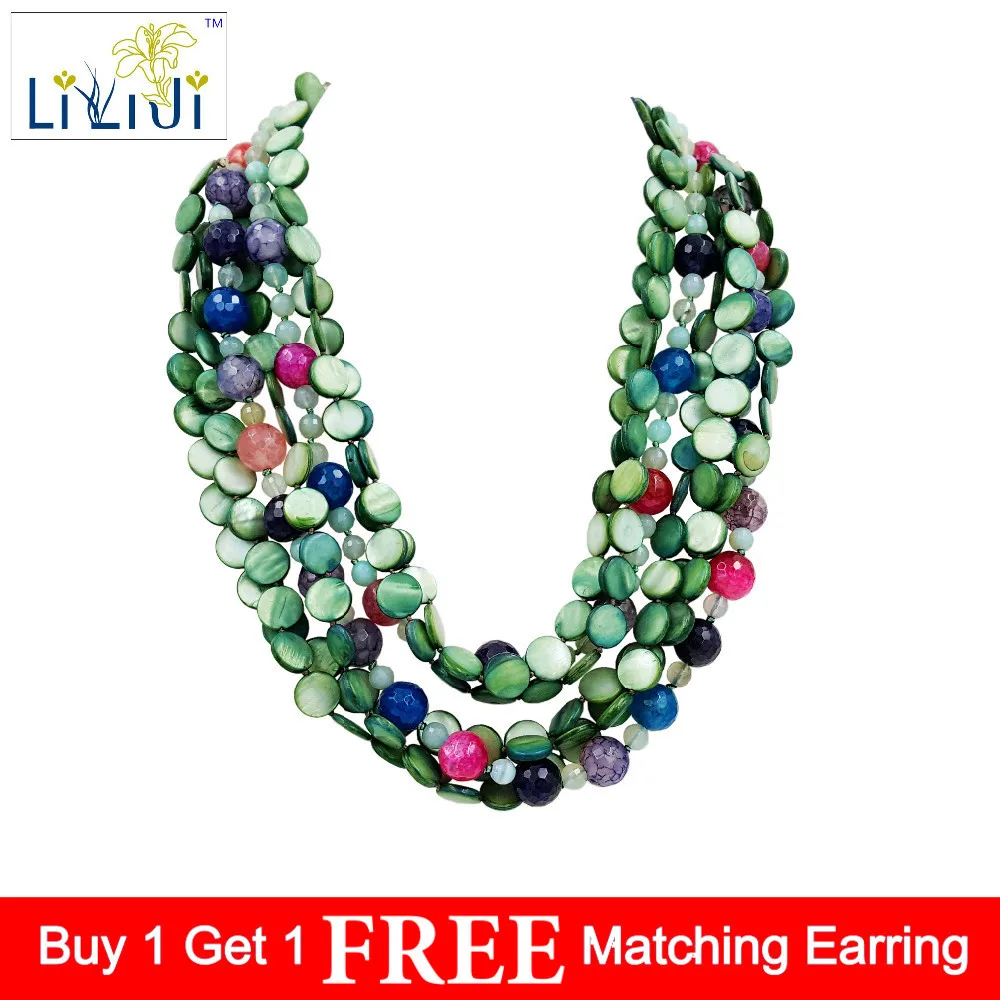 

LiiJi Unique Green Color Shell,Mixed Color Agates,jades Toggle Clasp ,7strands Necklace about 50cm/20inches