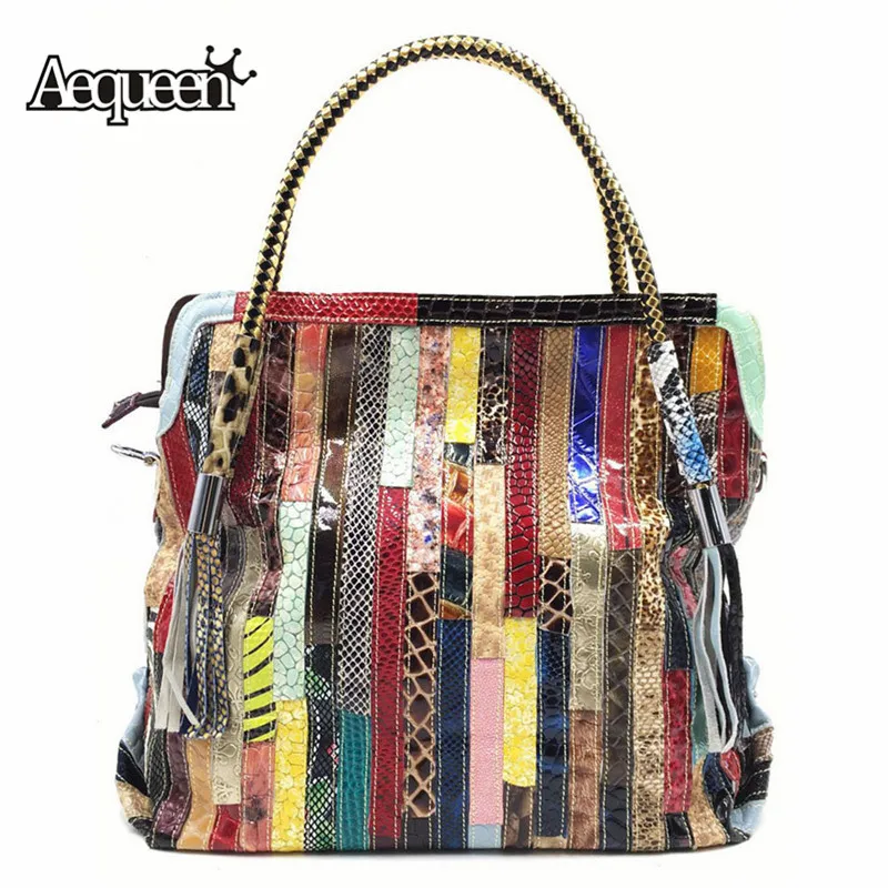 Goedkoop AEQUEEN Feminina Bolsa vrouwen Echt Lederen Handtas Vrouwelijke Patchwork Kleurrijke Schouder Messenger Bag Totes Shoppers Tassen
