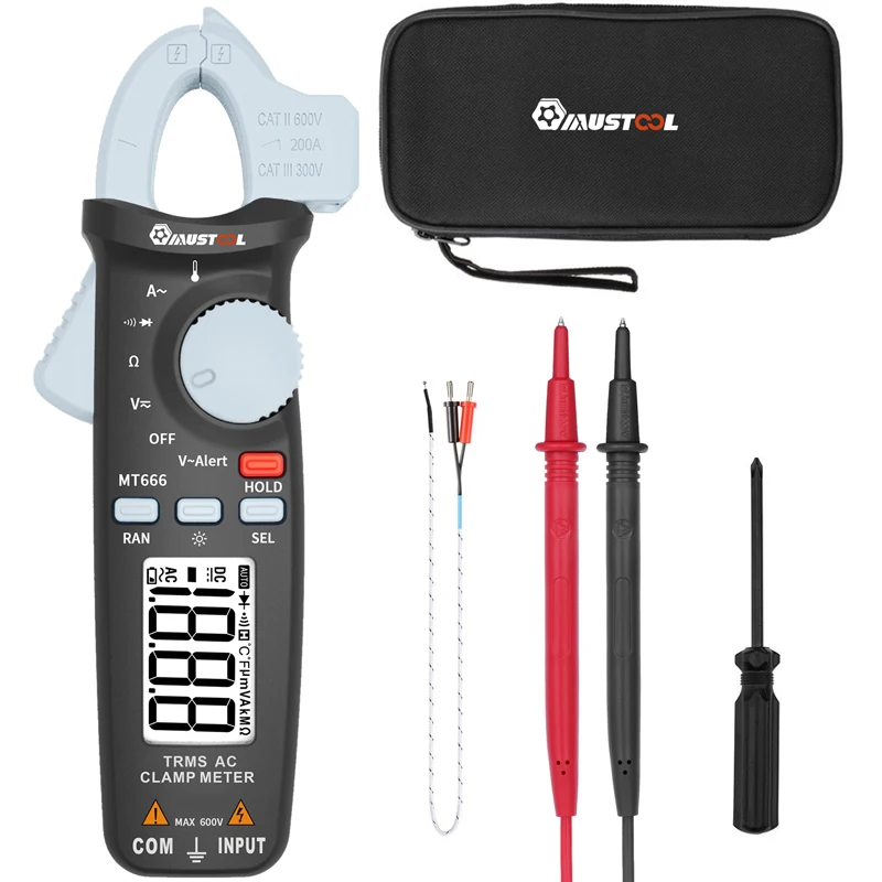 

MUSTOOL MT666 TRMS Digital Multimeter Clamp Meter Current Voltage Resistance Temperature Diode Tester Buzzer V~Alert Measurent