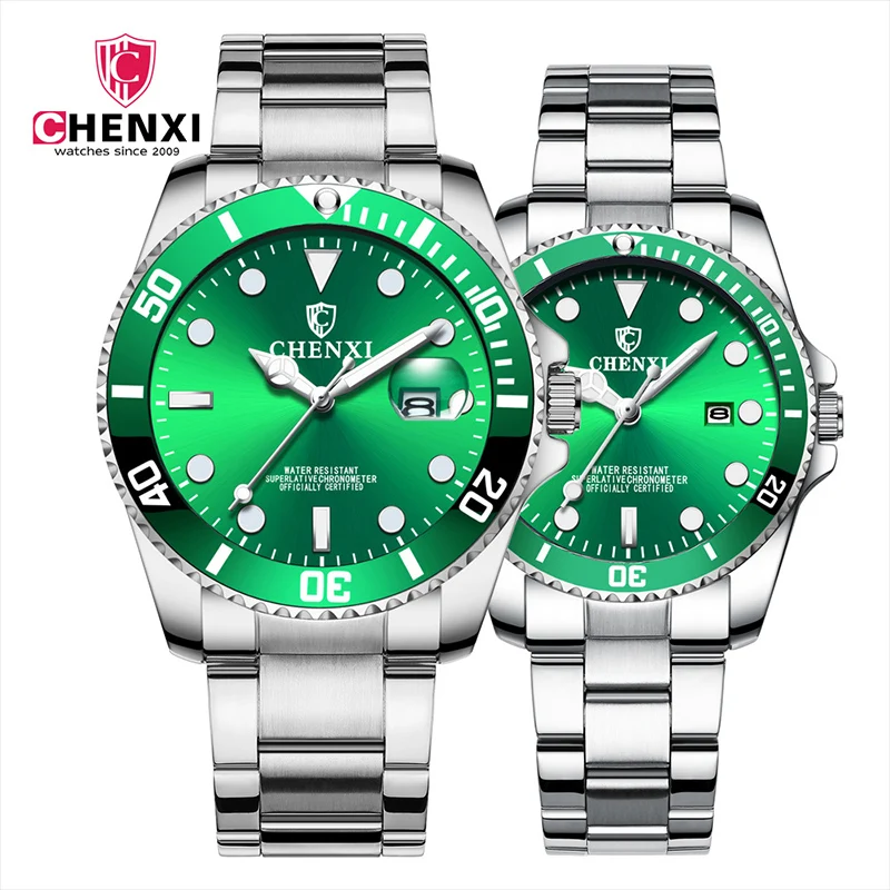 Роскошные Зеленый для мужчин женщин парные кварцевые часы серебро Нержавеющая сталь Японии двигаться t водонепроница