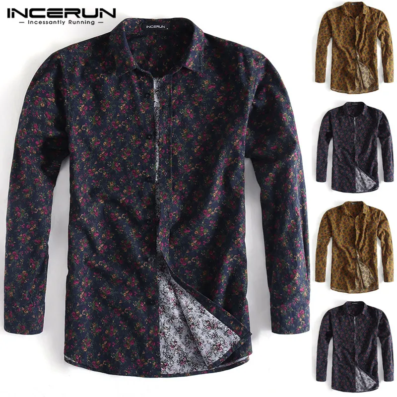 

Fashion Floral Print Casual Brand Shirt Men Slim Fit Long Sleeve Lapel Neck Camisa Masculina Men Business Shirt 2020 5XL INCERUN