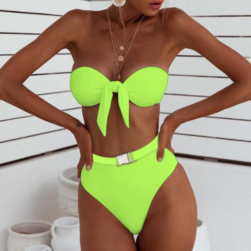 

Front Tie Push Up Swimsuit Female Mujer Biquinis Neon Sexy Swimwear Women Bathing Suit Swim Suit 2019 Buckle High Waist Bikini