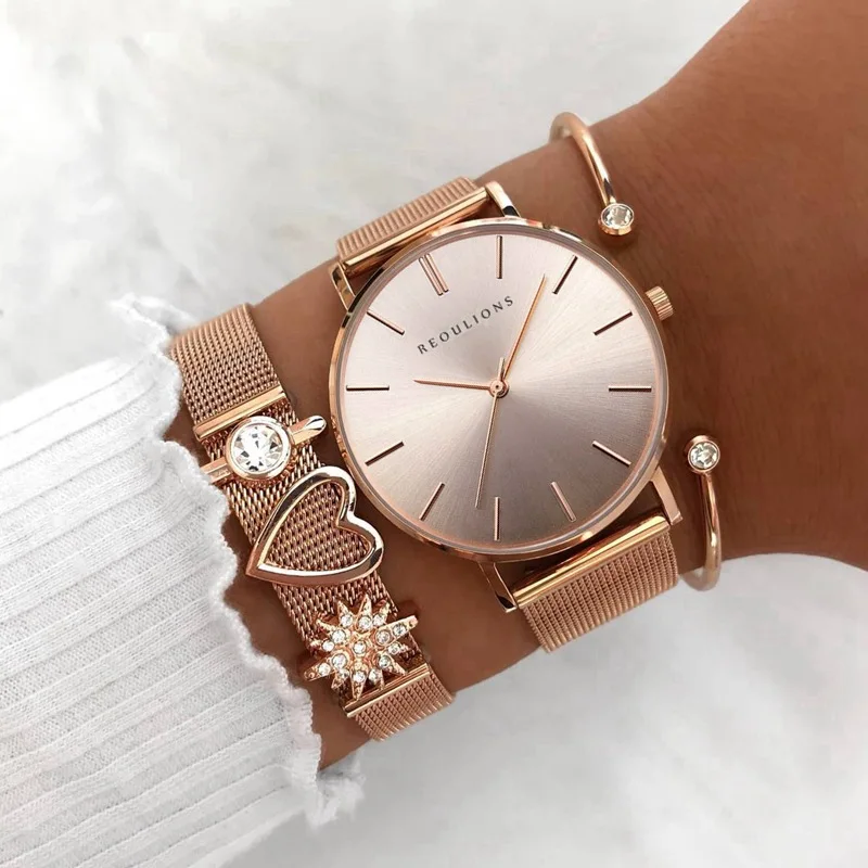 

REOULIONSFashion Alloy Belt Mesh Watch Unisex women's watches Minimalist Style Quartz Watch relogio feminino Watches for women