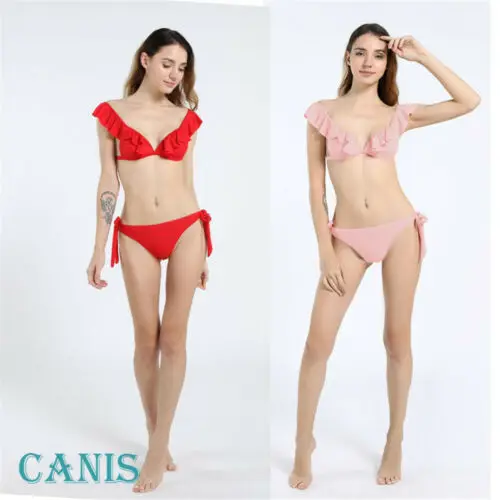 

Summer Womens Bikini 2PCS Set Ladies Bandage Push-Up Padded Ruffles Solid Color Swimwear Swimsuit Bathing Suit Beachwear