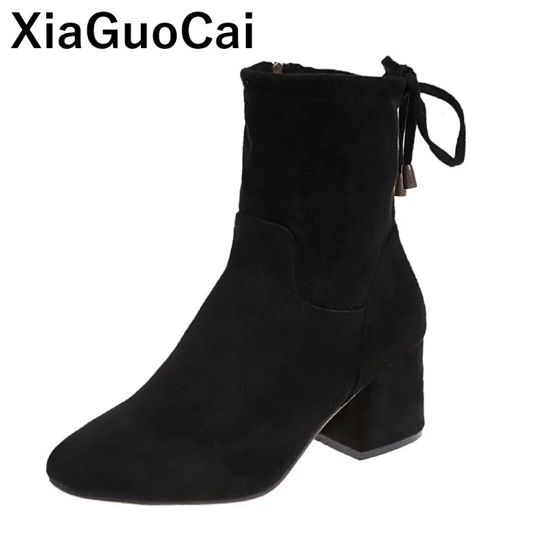 

Fashion Women Shoes Ankle Boots 2019 Spring Autumn Woman Martin Boots Flock Zipper High Heels Female Footwear Point Toe Hot Sale