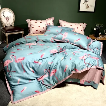 

Flamingo bedding sets Soft Satin bedsheet Luxury Egyptian cotton blue cartoon style bed linen duvet cover bedspread
