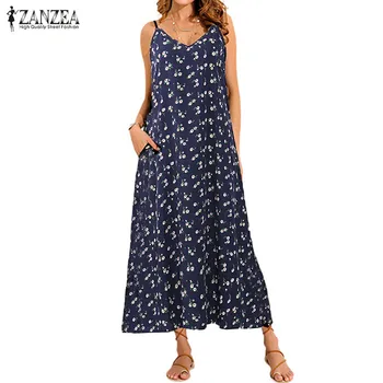 

ZANZEA 2019 Fashion Floral Printed Dress Sexy Women Sleeveless Deep V Neck Loose Long Sundress Summer Beach Party Maxi Vestidos