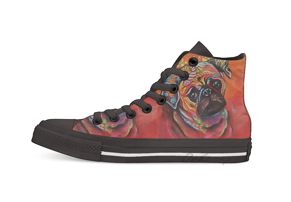 

Boho Pug Novelty Design High Top Canvas Custom Shoes Flat Casual Shoes Drop Shipping