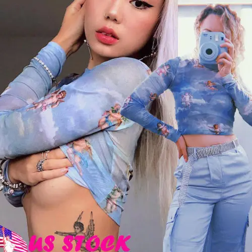 

Sexy Blue Long Sleeve Crop Top Women Sheer Mesh Fish Net Turtle Neck See Crop Top T-Shirt Lady Casual Pullpver Top