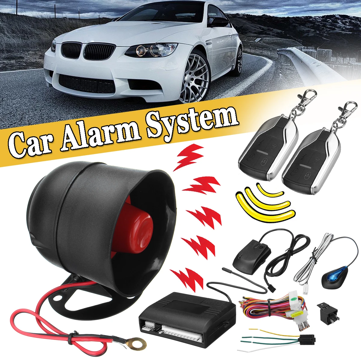 

One Way Car Alarm Vehicle System Protection Security System Keyless Entry Siren + 2 Remote Controller Burglar Anti-theft Alarm