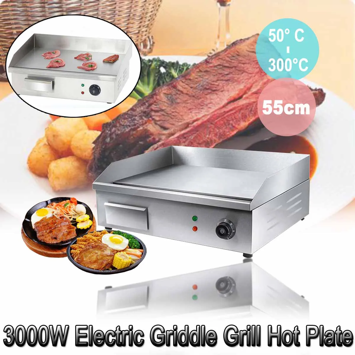 

220V Thermomate Stainless Steel Electric Griddle Grill BBQ Hot Plate Commercial Kitchen Cooking Tool Accessory