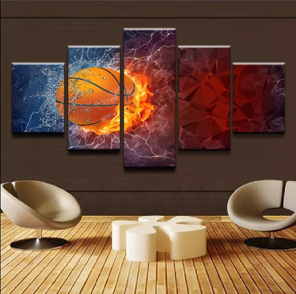 

Abstract Poster Modern Frame Wall Art Canvas Printed Pictures Boys Room Decor 5 Piece Flame and Water Sport Basketball Painting