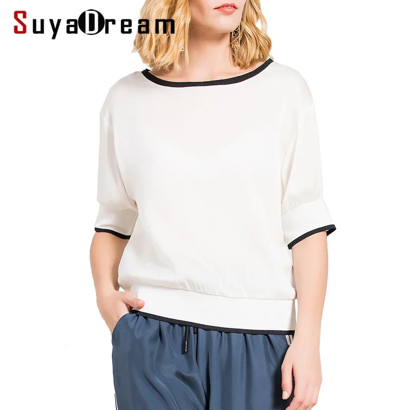 

Women White T shirt 95%Real Silk 5%Spandex Short Sleeved Top Ribs Hems Fashion T shirt 2019 Spring Summer