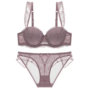 

Female Sexy Lace Bra Set Padded Insert Fungus Lace Lingeries Set Green Brassiere Deep V Push Up Bra Set Transparent Underwear