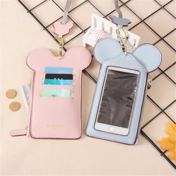 

AEQUEEN 2019 Women Card Holder Cute Mouse Lanyard Wallet PU Leather Passport Card Holder Coin Purse Neck Bag for 5.5inch Phones