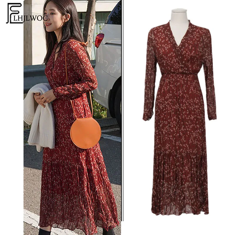 Tanie 2019 długie sukienki Design kobiety moda z długim rękawem wąska talia linia Temperament Lady vintage, w kwiaty drukuj sukienka vintage 7912