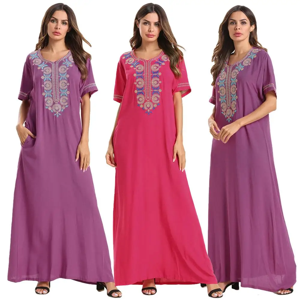 Мусульманское женское платье с коротким рукавом, длинное платье макси, мусульманская одежда, марокканский кафтан, элегантное этническое винтажное платье с вышивкой, модное