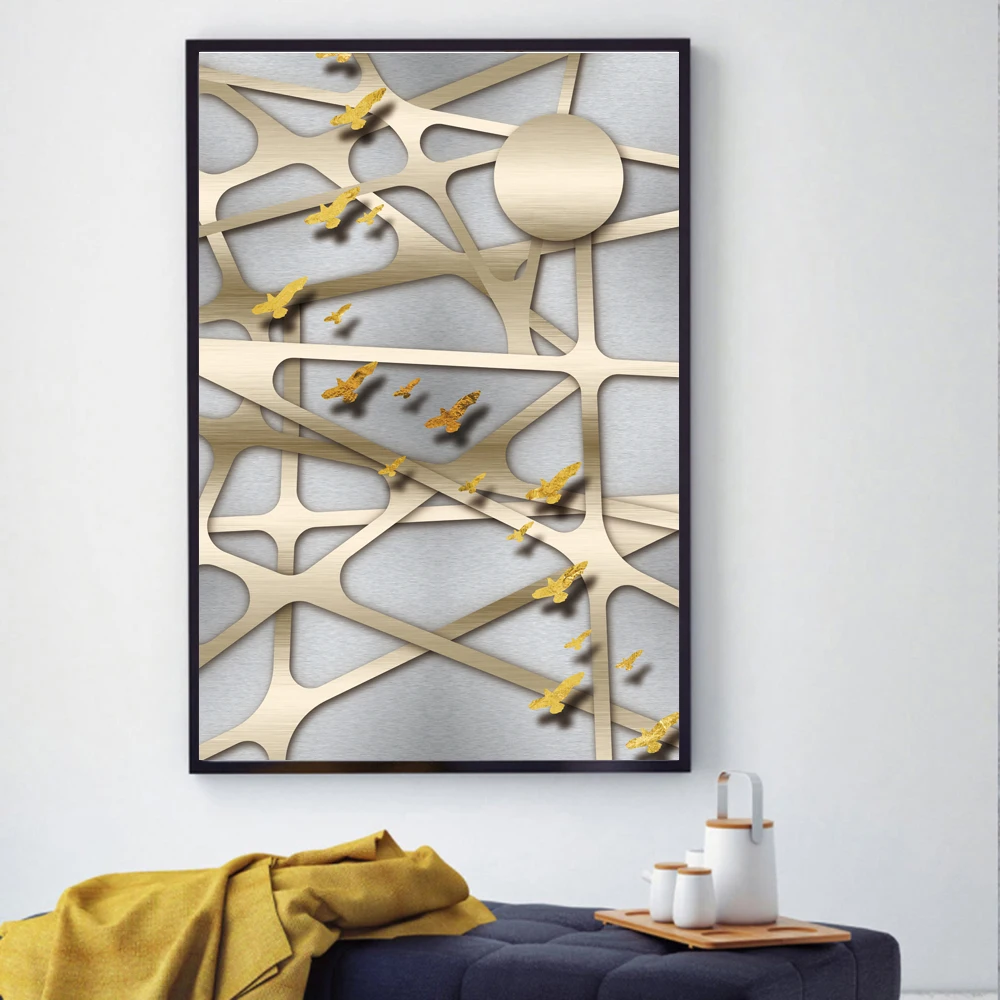 

AAHH Posters and Prints Print on Canvas Abstract Wall Art Picture for Living Room Home Decor Champagne Metal Mesh No Frame